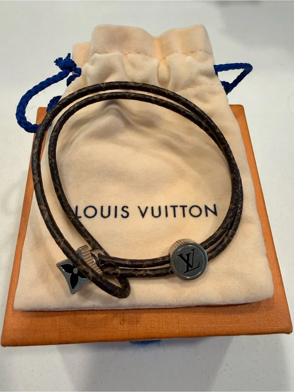 Louis Vuitton Brown Monogram Double Wrap Bracelet with Silver-Tone Charms